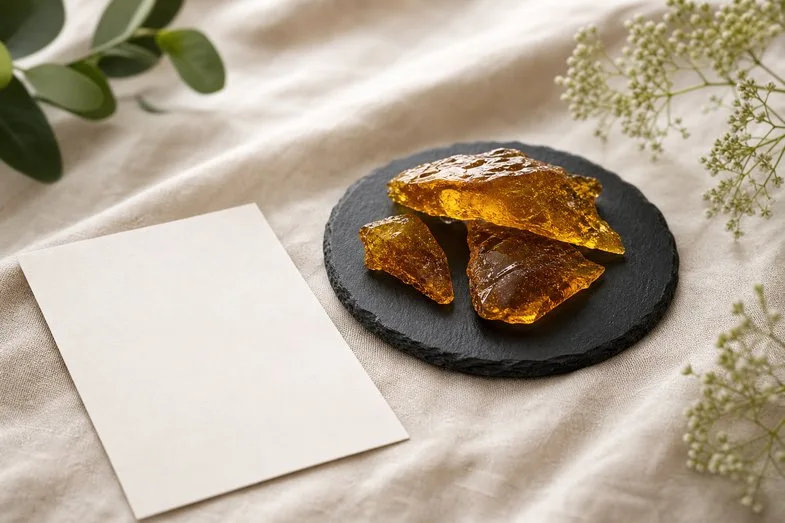 cbd-extracts-texture-guide-documents Amber CBD extract pieces beside a blank certificate sheet on cream linen