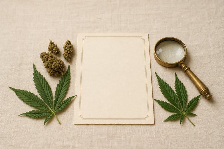 Blank batch document sheet beside hemp flower buds and a brass loupe on cream linen