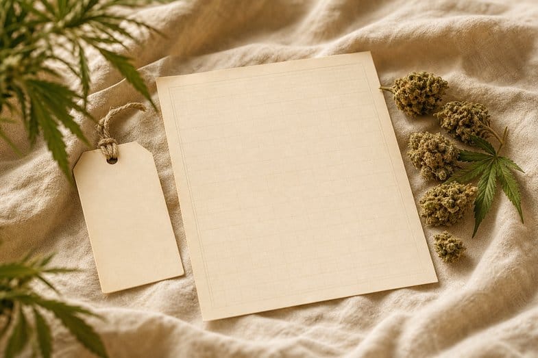 A blank ruled document sheet beside a blank label tag and a few hemp flower buds on cream linen