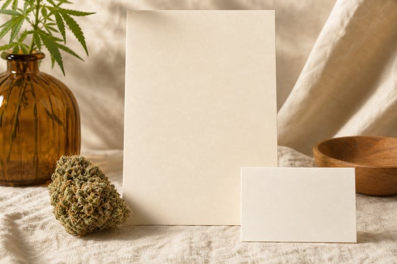 A hemp flower bud beside a blank certificate sheet and a blank lot card on cream linen