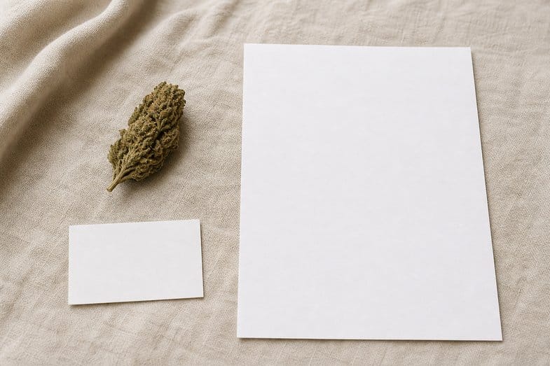 A hemp flower bud beside a blank certificate sheet and a blank label card on cream linen