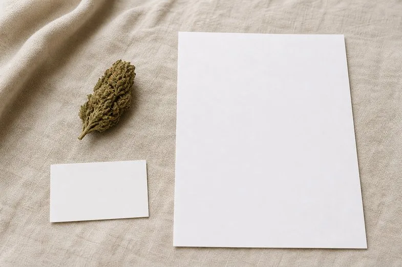 A hemp flower bud beside a blank certificate sheet and a blank label card on cream linen