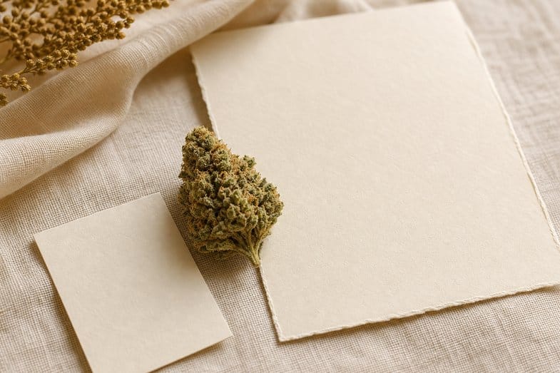 A hemp flower bud beside a blank certificate sheet and a blank lot card on cream linen