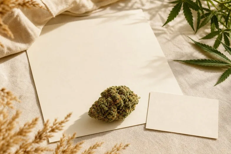 A hemp flower bud beside a blank certificate sheet and a blank lot card on cream linen