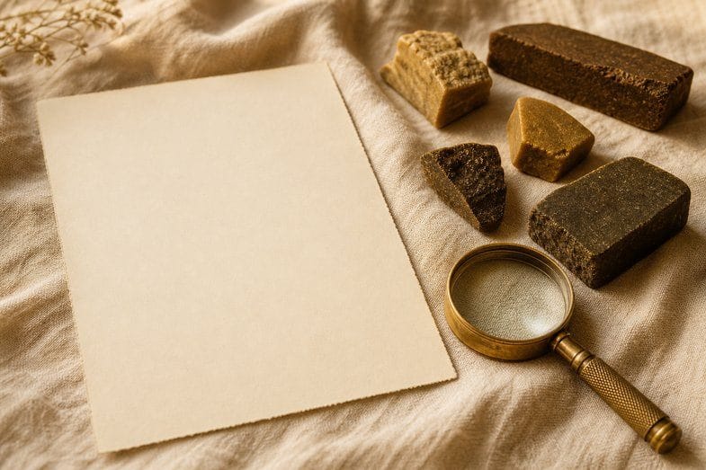 A blank certificate sheet beside pieces of CBD hash in different shades and a brass loupe on cream linen