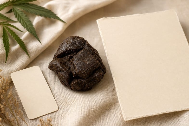 A pressed block of CBD hash beside a blank certificate sheet and a blank label card on cream linen