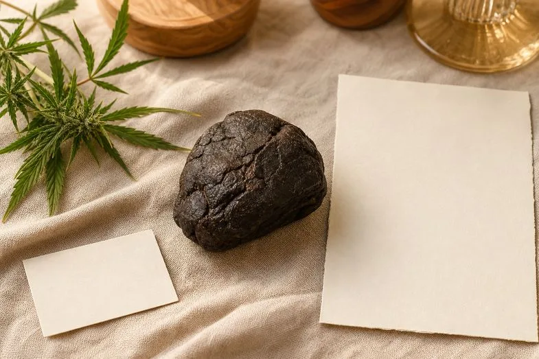 A pressed block of CBD hash beside a blank certificate sheet and a blank name card on cream linen