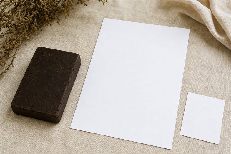 A dark-brown pressed hemp resin block beside a blank certificate sheet and a blank product card on cream linen