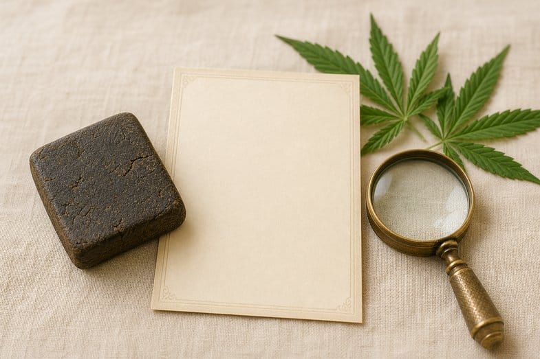 cbd-hash-shapes-documents A pressed CBD hash block beside a blank certificate sheet, brass loupe and hemp leaves on cream linen