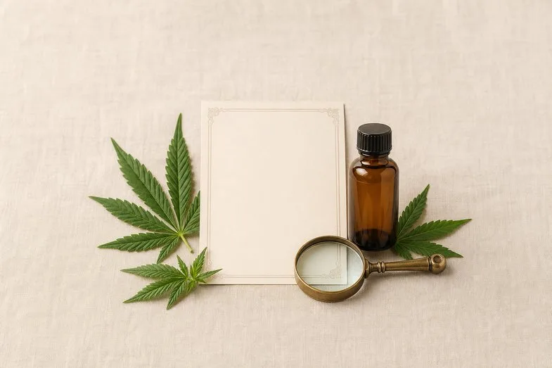 cbd-oil-batch-number-documents Blank batch document sheet beside an amber CBD oil bottle and brass loupe on cream linen