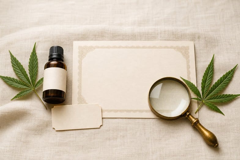 Blank CBD oil bottle label beside a certificate sheet and brass loupe on cream linen