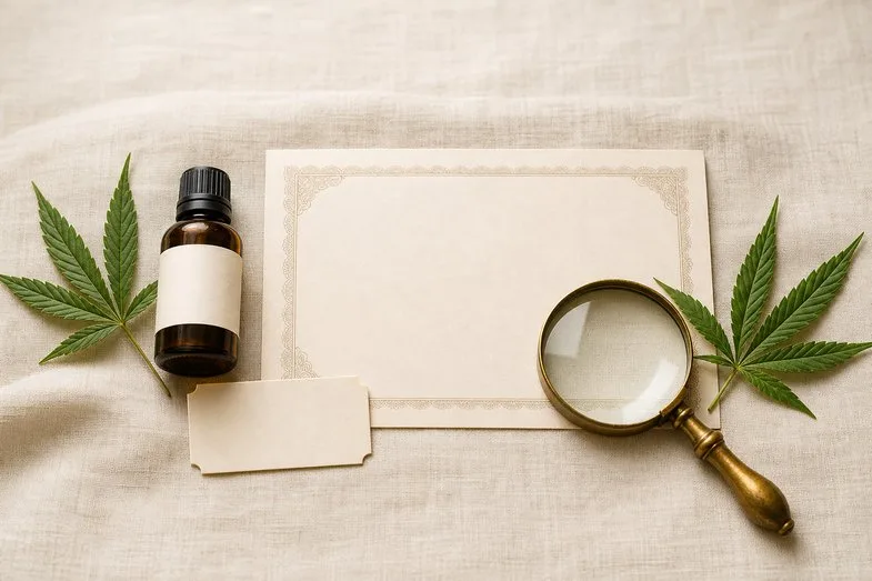 Blank CBD oil bottle label beside a certificate sheet and brass loupe on cream linen
