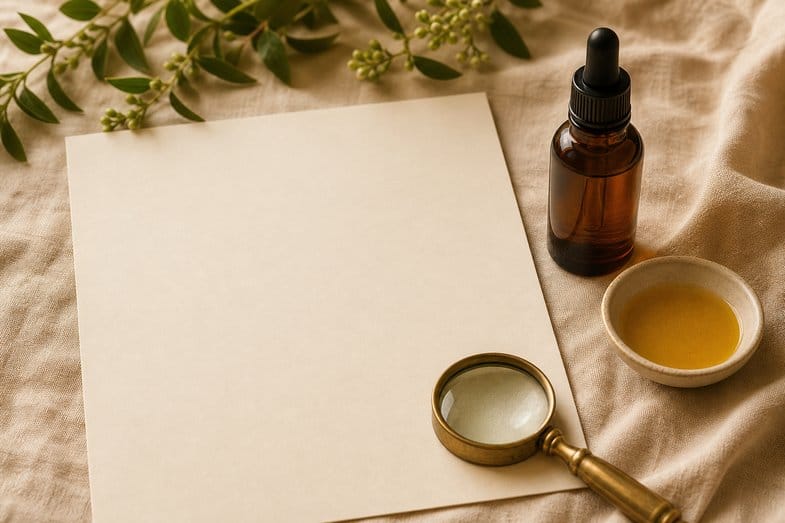 Blank CBD oil document sheet beside an amber bottle, a small oil dish and a brass loupe on cream linen