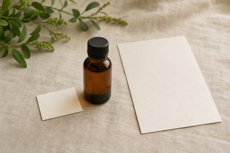 A CBD oil bottle beside a blank certificate sheet and a blank label on cream linen