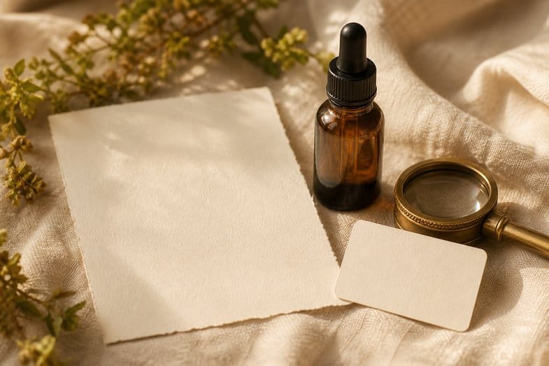 cbd-oil-coa-fields-documents A blank certificate of analysis sheet beside an amber CBD oil bottle, a blank label card and a brass loupe on cream linen