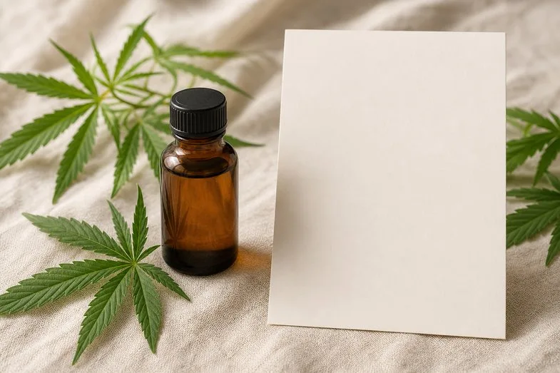 A CBD oil bottle beside a blank certificate sheet and hemp leaves on cream linen