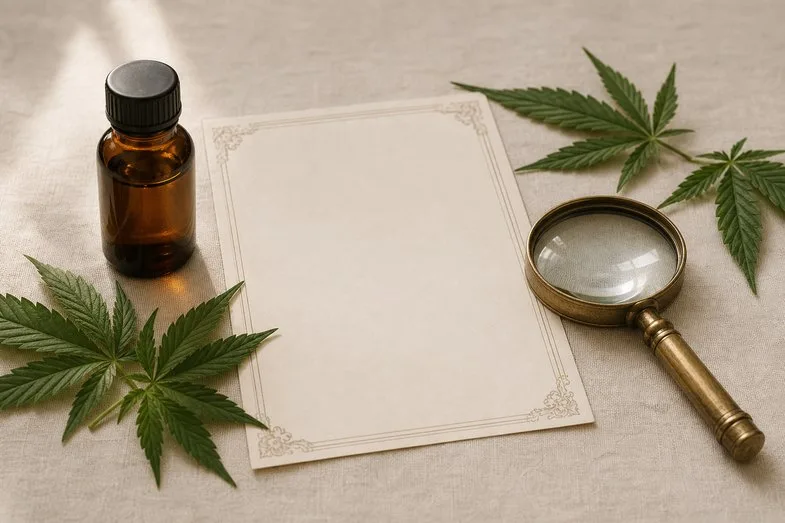 Blank CBD oil document sheet beside an amber bottle and brass loupe on cream linen