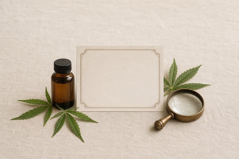 Blank certificate of analysis sheet beside an amber CBD oil bottle and brass loupe on cream linen