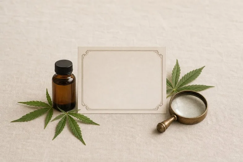 cbd-oil-lab-reports-documents Blank certificate of analysis sheet beside an amber CBD oil bottle and brass loupe on cream linen