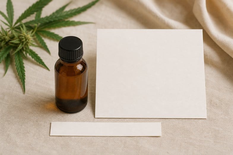 A CBD oil bottle beside a blank certificate sheet and a blank label strip on cream linen