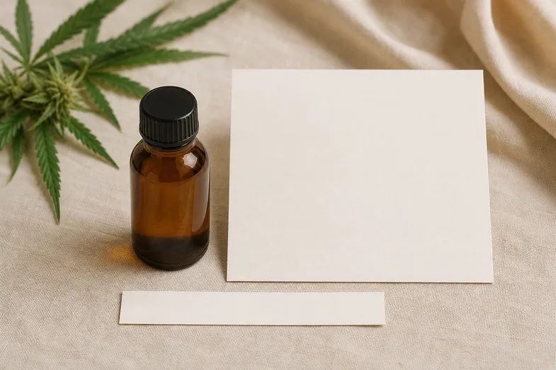cbd-oil-label-ingredient-line-documents A CBD oil bottle beside a blank certificate sheet and a blank label strip on cream linen