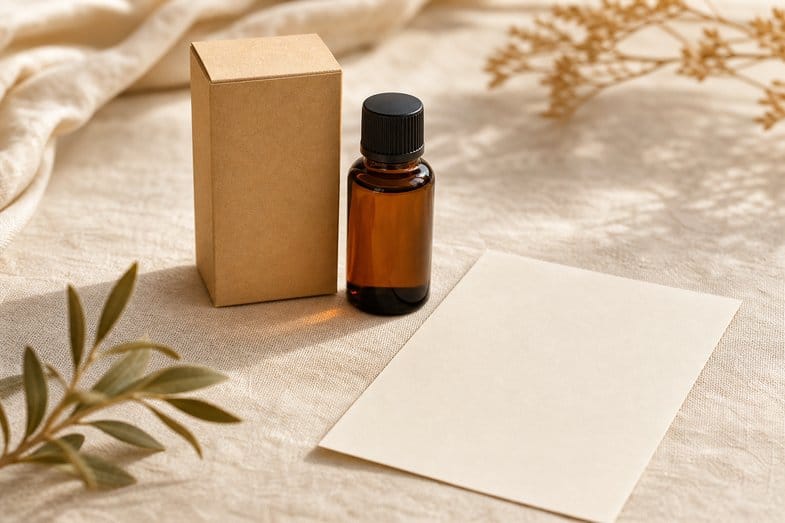 cbd-oil-label-symbols-documents A CBD oil bottle and a small box beside a blank certificate sheet on cream linen
