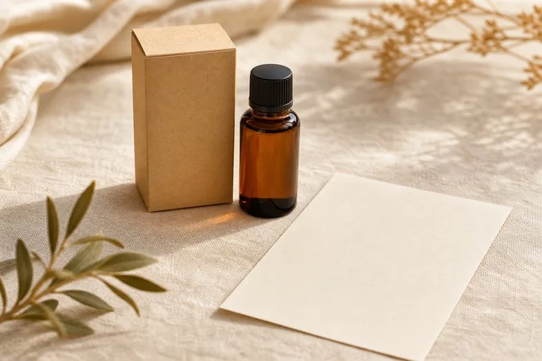 A CBD oil bottle and a small box beside a blank certificate sheet on cream linen