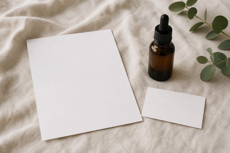cbd-oil-liquid-format-documents A CBD oil bottle beside a blank certificate sheet and a blank batch card on cream linen
