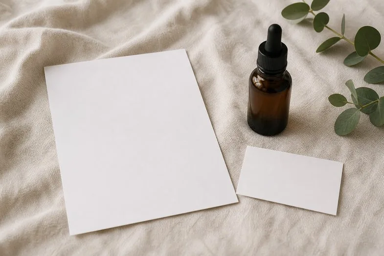 A CBD oil bottle beside a blank certificate sheet and a blank batch card on cream linen