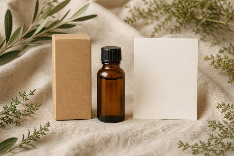 An amber CBD oil bottle and a small kraft box beside a blank certificate sheet on cream linen