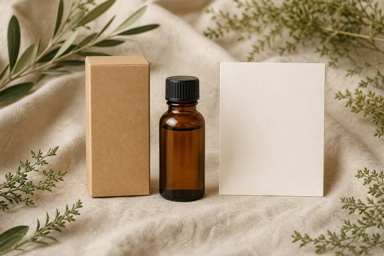 cbd-oil-packaging-explained-documents An amber CBD oil bottle and a small kraft box beside a blank certificate sheet on cream linen