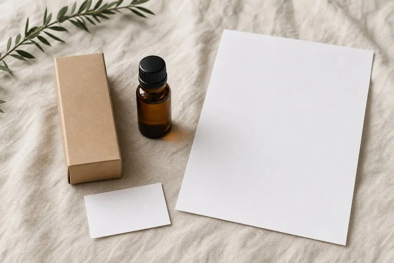 A CBD oil bottle and a plain box beside a blank certificate sheet and a blank batch card on cream linen