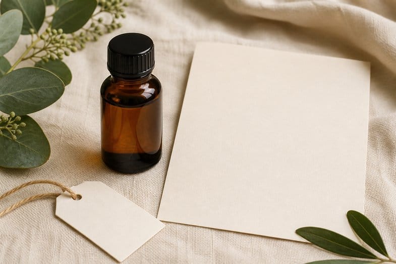 An amber CBD oil bottle beside a blank certificate sheet and a blank paper price tag on cream linen