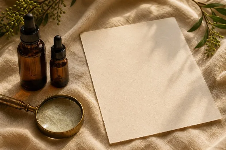 A blank certificate sheet beside amber CBD oil bottles and a brass loupe on cream linen