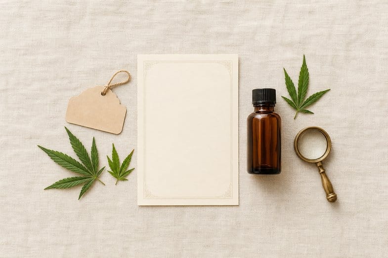 Blank CBD oil label panel beside an amber bottle, certificate sheet and brass loupe on cream linen