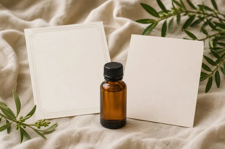 A CBD oil bottle beside a blank certificate sheet and a blank checklist on cream linen