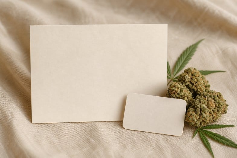 A blank certificate sheet beside hemp flower buds and a product label on cream linen