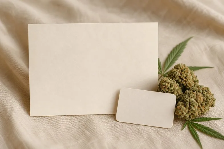 A blank certificate sheet beside hemp flower buds and a product label on cream linen
