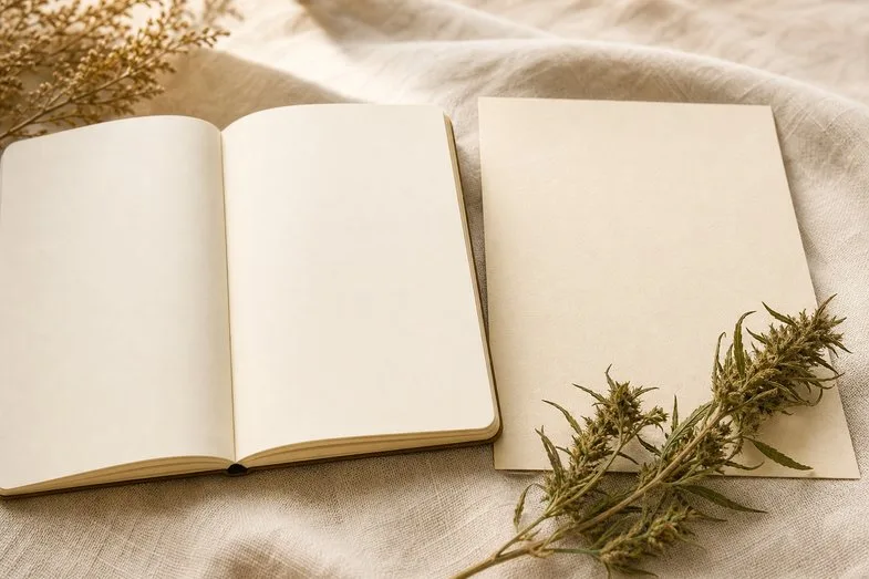 cbd-research-history-documents An open blank notebook beside a blank certificate sheet and a dried hemp sprig on cream linen