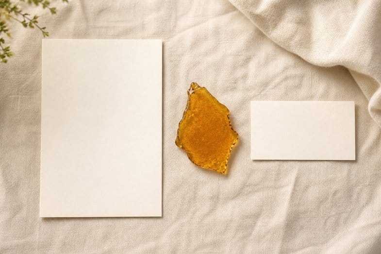 cbd-shatter-documents A translucent amber shard of CBD shatter beside a blank certificate sheet and a blank batch card on cream linen