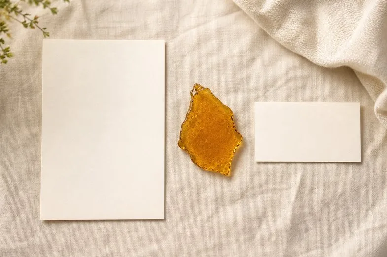 A translucent amber shard of CBD shatter beside a blank certificate sheet and a blank batch card on cream linen