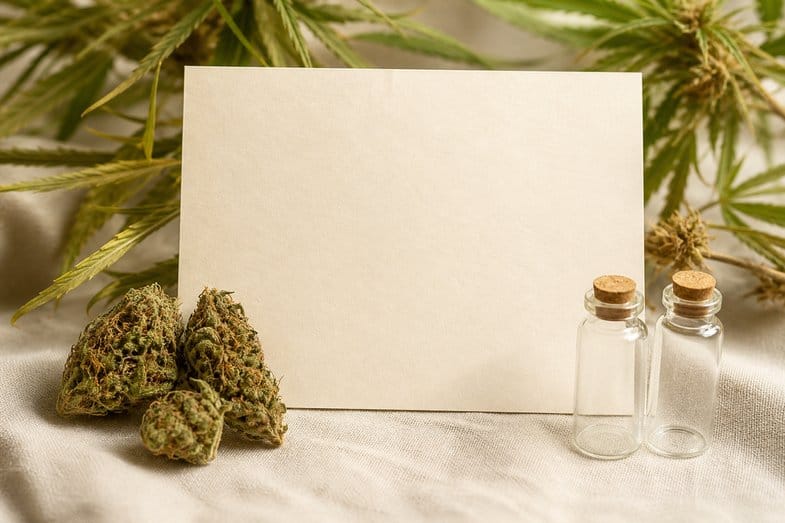 Hemp flower buds beside a blank certificate sheet and small empty glass aroma vials on cream linen
