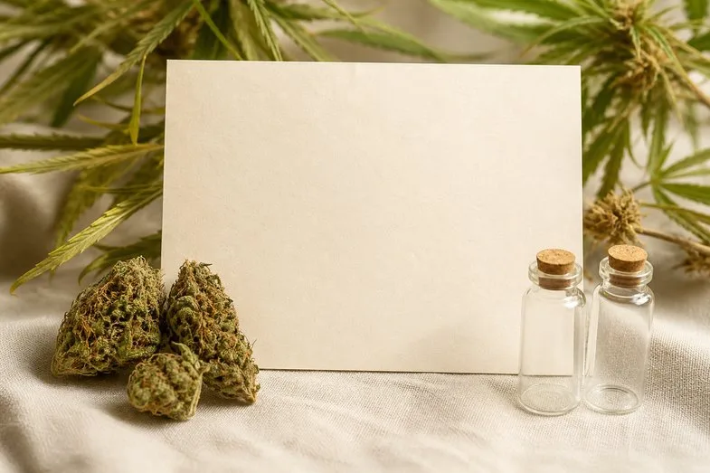 hemp-aroma-compounds-documents Hemp flower buds beside a blank certificate sheet and small empty glass aroma vials on cream linen