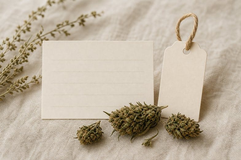 A blank row-ruled card beside a blank label tag and a few hemp flower buds on cream linen