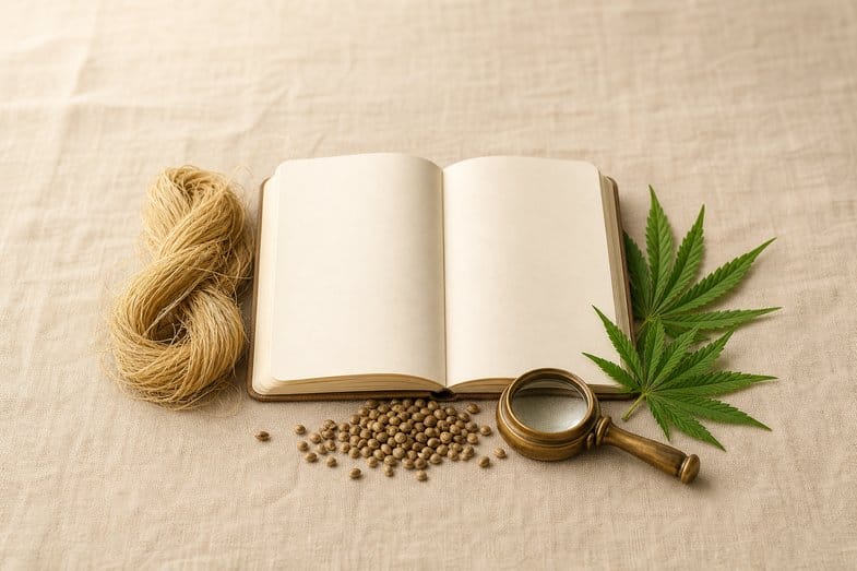 Blank botanical certificate sheet beside hemp sprigs, a few seeds and a brass loupe on cream linen