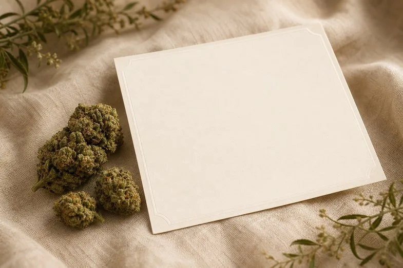 Hemp flower buds beside a blank certificate sheet on cream linen