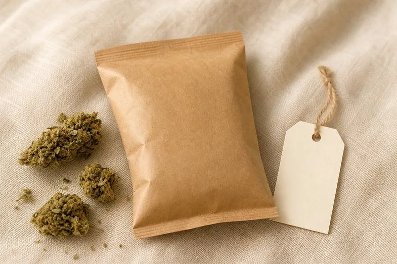 A sealed blank paper package beside a blank label tag and a few hemp flower buds on cream linen