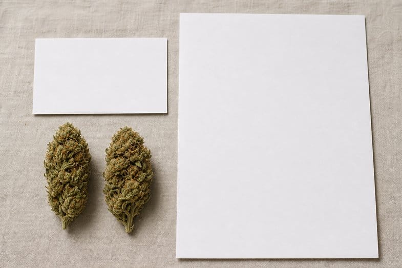 Two hemp flower buds beside a blank certificate sheet and a blank product card on cream linen