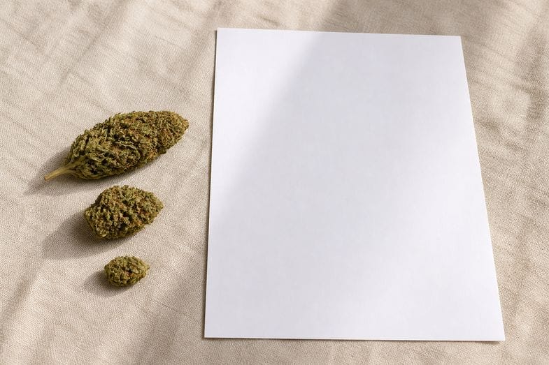 hemp-flower-product-formats-documents Three hemp flower buds of different sizes beside a blank certificate sheet on cream linen