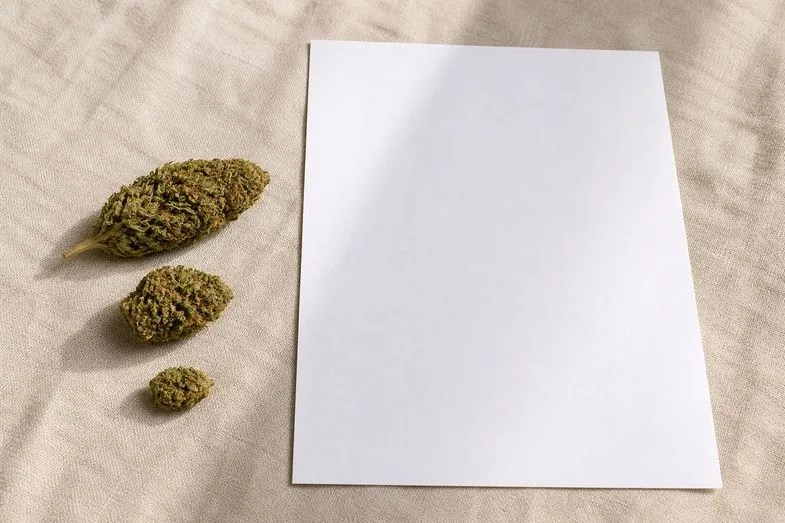 Three hemp flower buds of different sizes beside a blank certificate sheet on cream linen